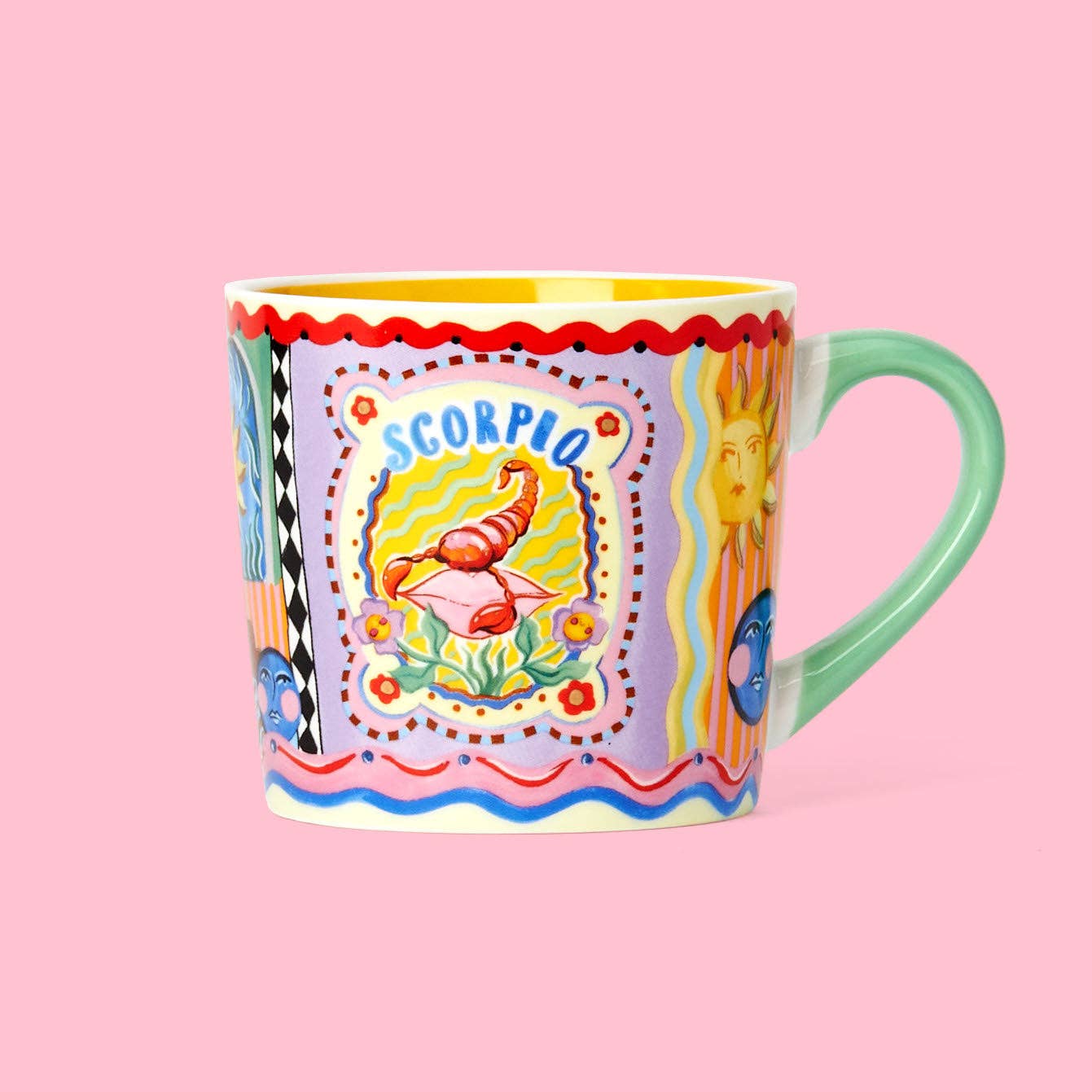 A multicolored mug with a Scorpio zodiac sign design, featuring pastel colors and gold foil detail.