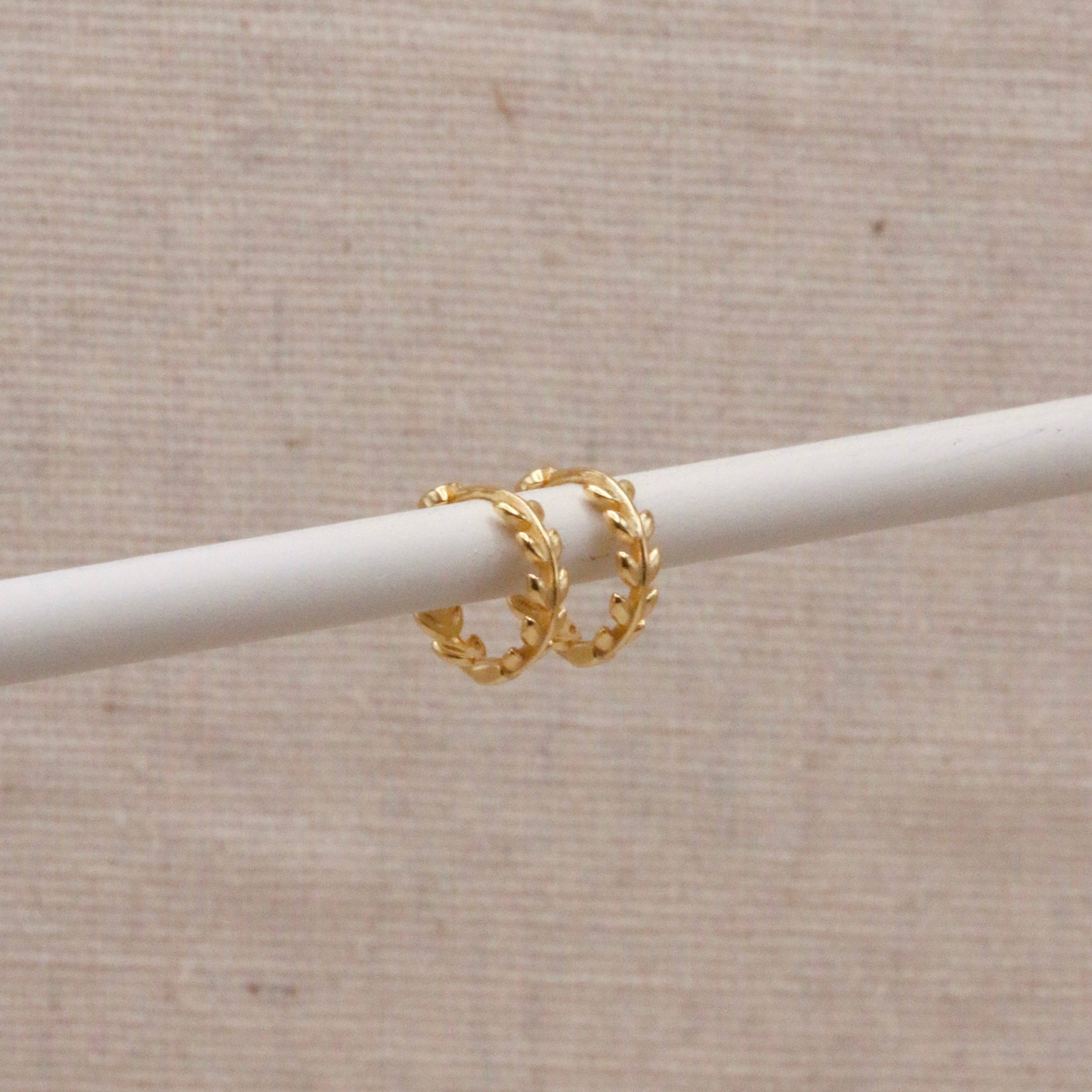 Gold Laurel Huggie Hoops by Little Nell, further view
