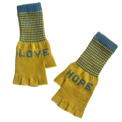 Fingerless Love Hope Gloves in Yellow and Sea Blue