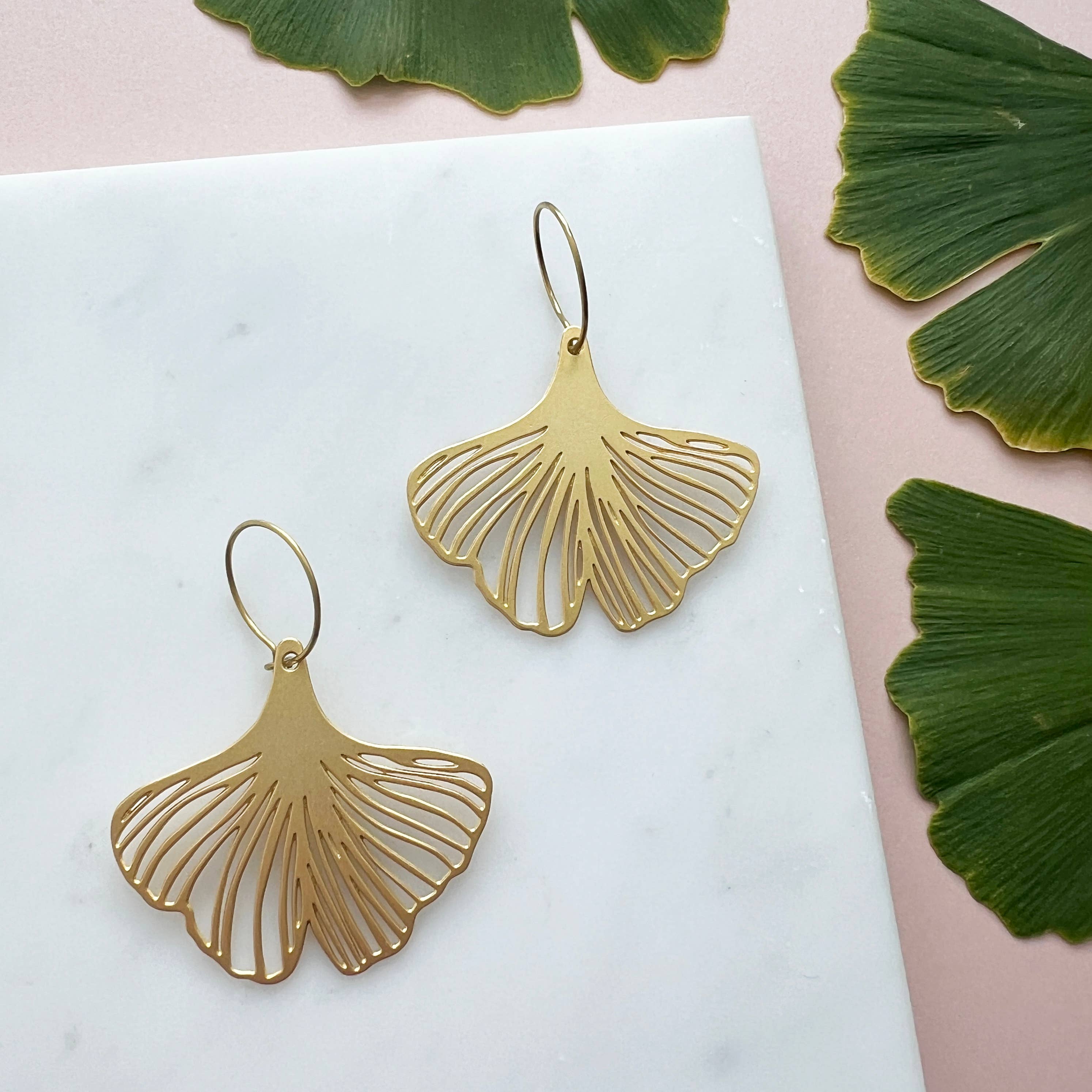 Gold Gingko Hoop Earrings 