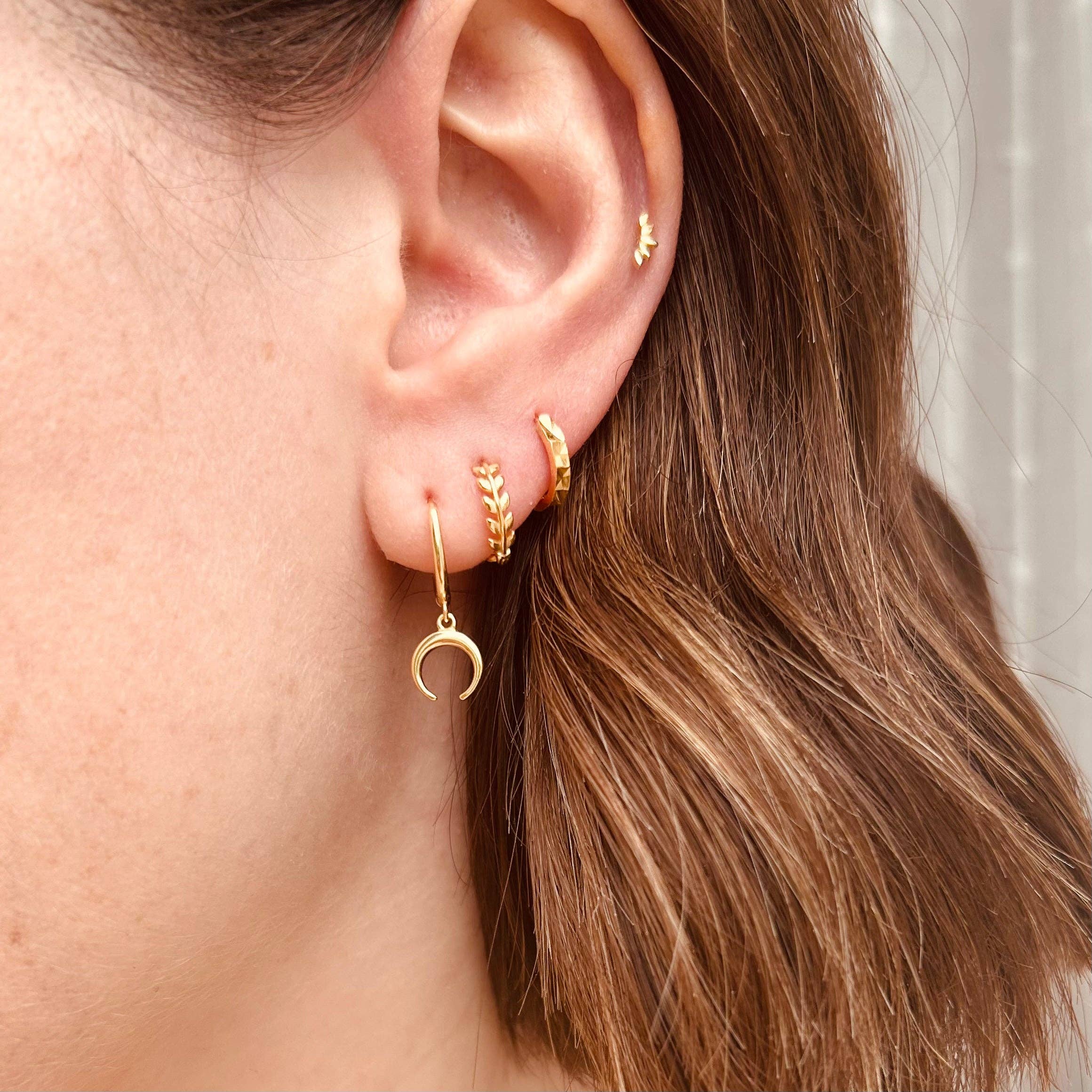 Gold Laurel Huggie Hoops by Little Nell, further view