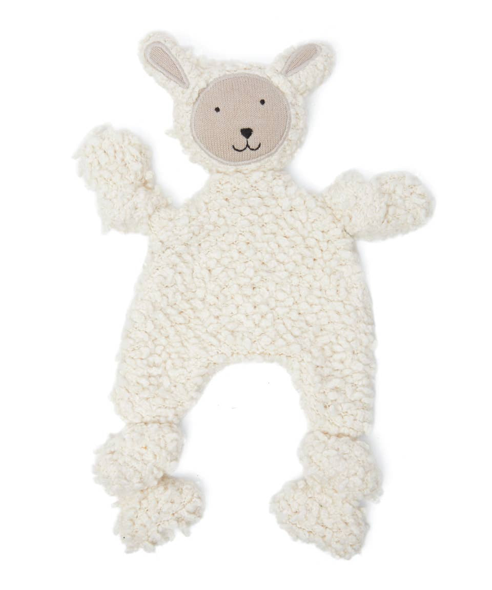 White knitted baby comfort blanket with a bear face design on a white background