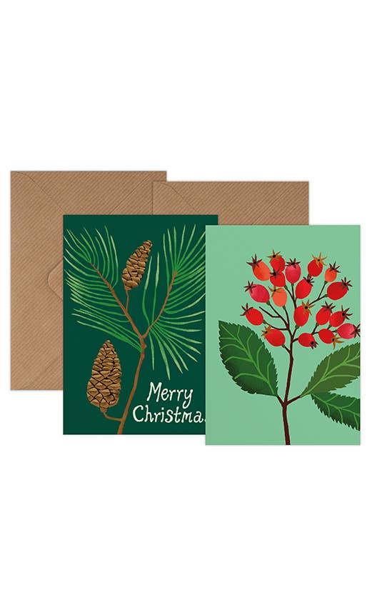 Christmas Mini Card Pack 0f 6 | Pine & Winter Rosehips