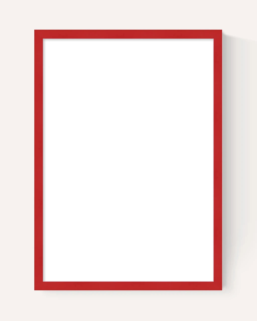 A minimalist vertical picture frame with a thin dark red border and a white center, shown on a light beige background with a soft drop shadow.