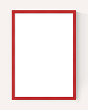 A minimalist vertical picture frame with a thin dark red border and a white center, shown on a light beige background with a soft drop shadow.