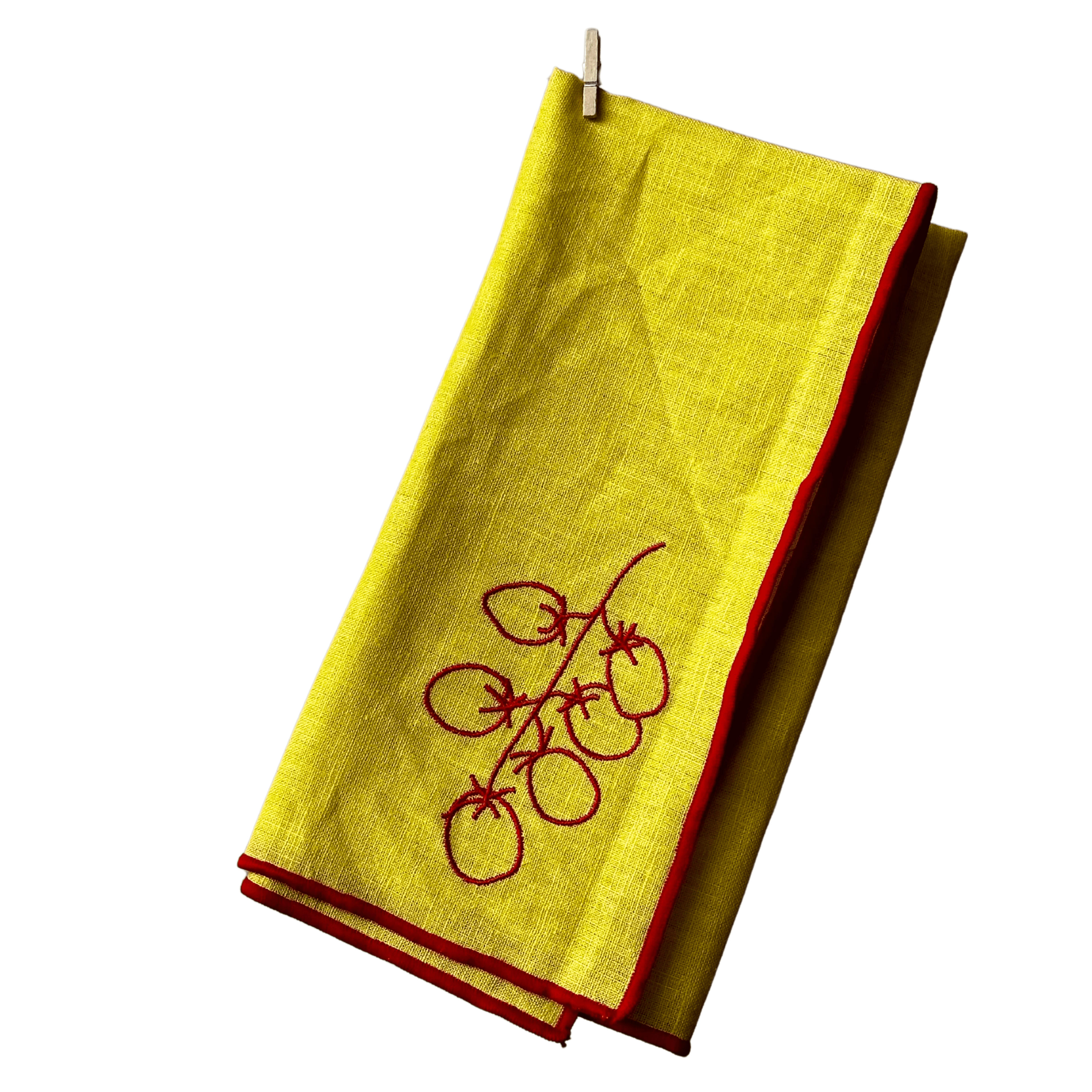 Linen blend napkins with embroidered vine tomatoes in a MÆGEN sleeve