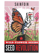 Seed packet for Sainfoin wildflower seeds with a butterfly illustration on a pink background
