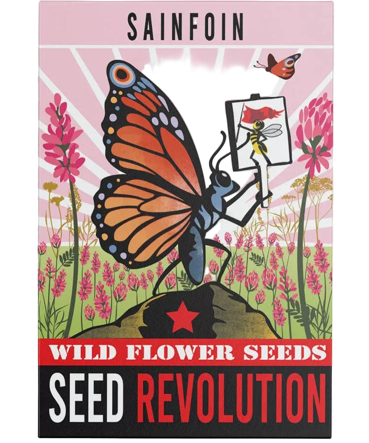 Seed packet for Sainfoin wildflower seeds with a butterfly illustration on a pink background