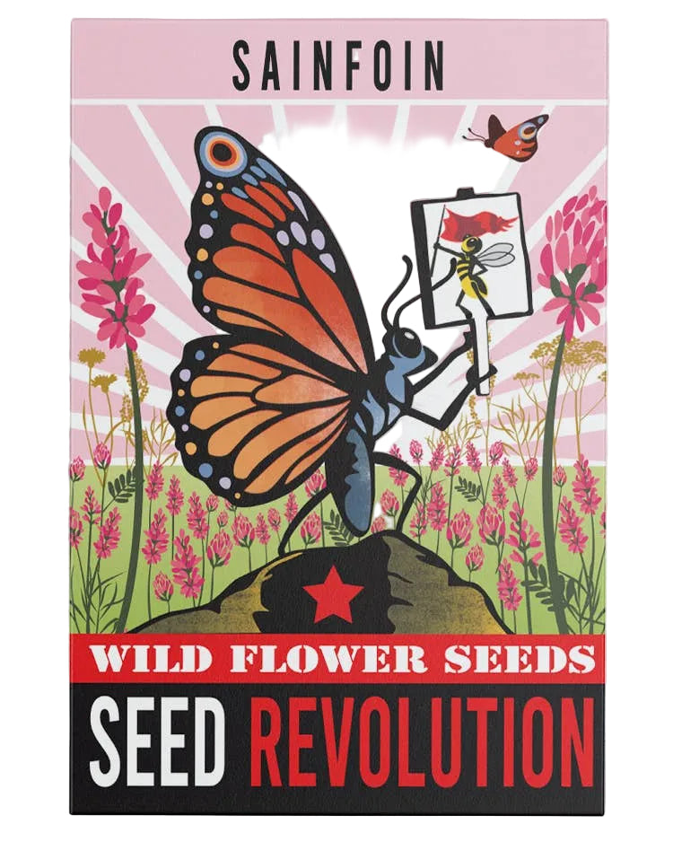 Seed packet for Sainfoin wildflower seeds with a butterfly illustration on a pink background