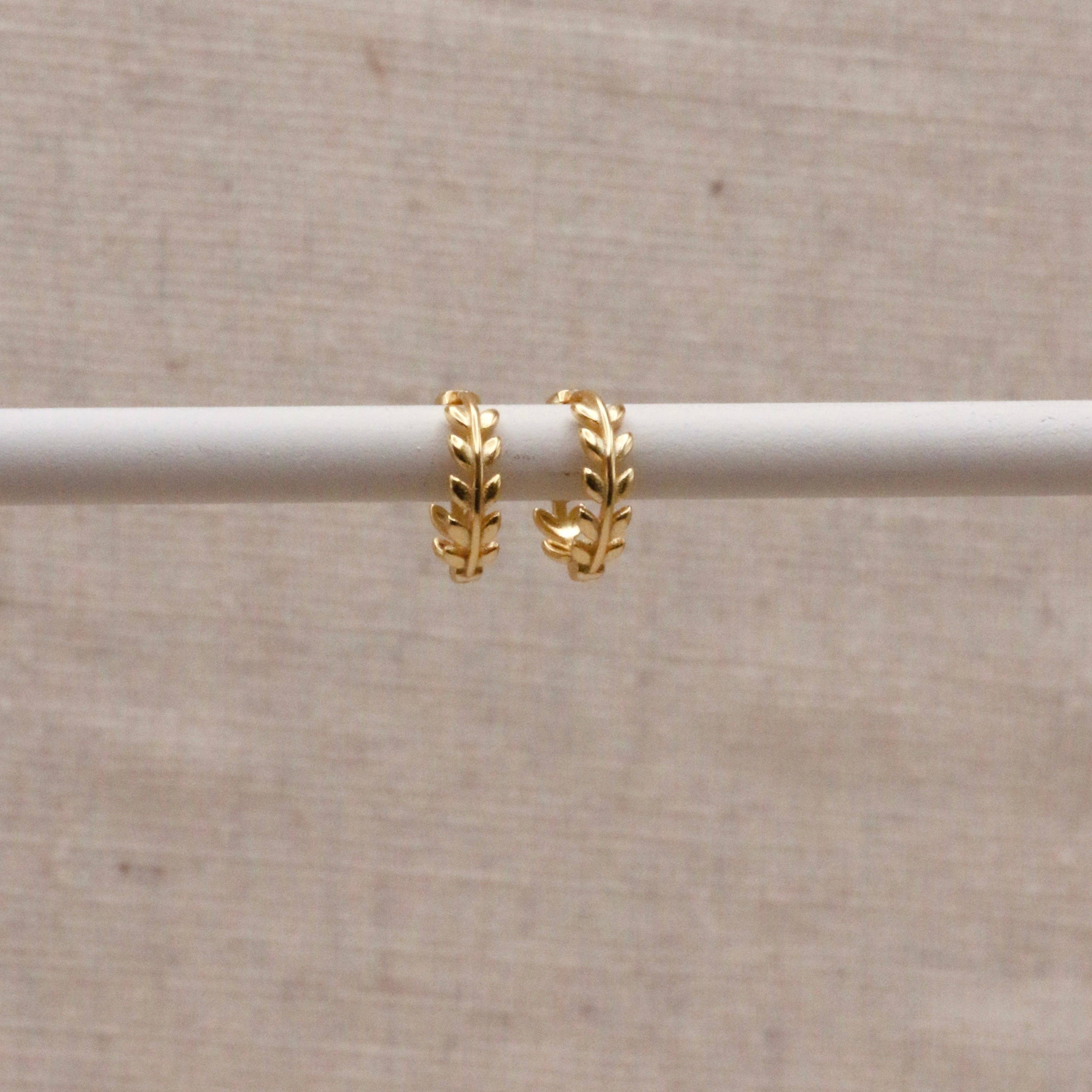 Gold Laurel Huggie Hoops by Little Nell, further view
