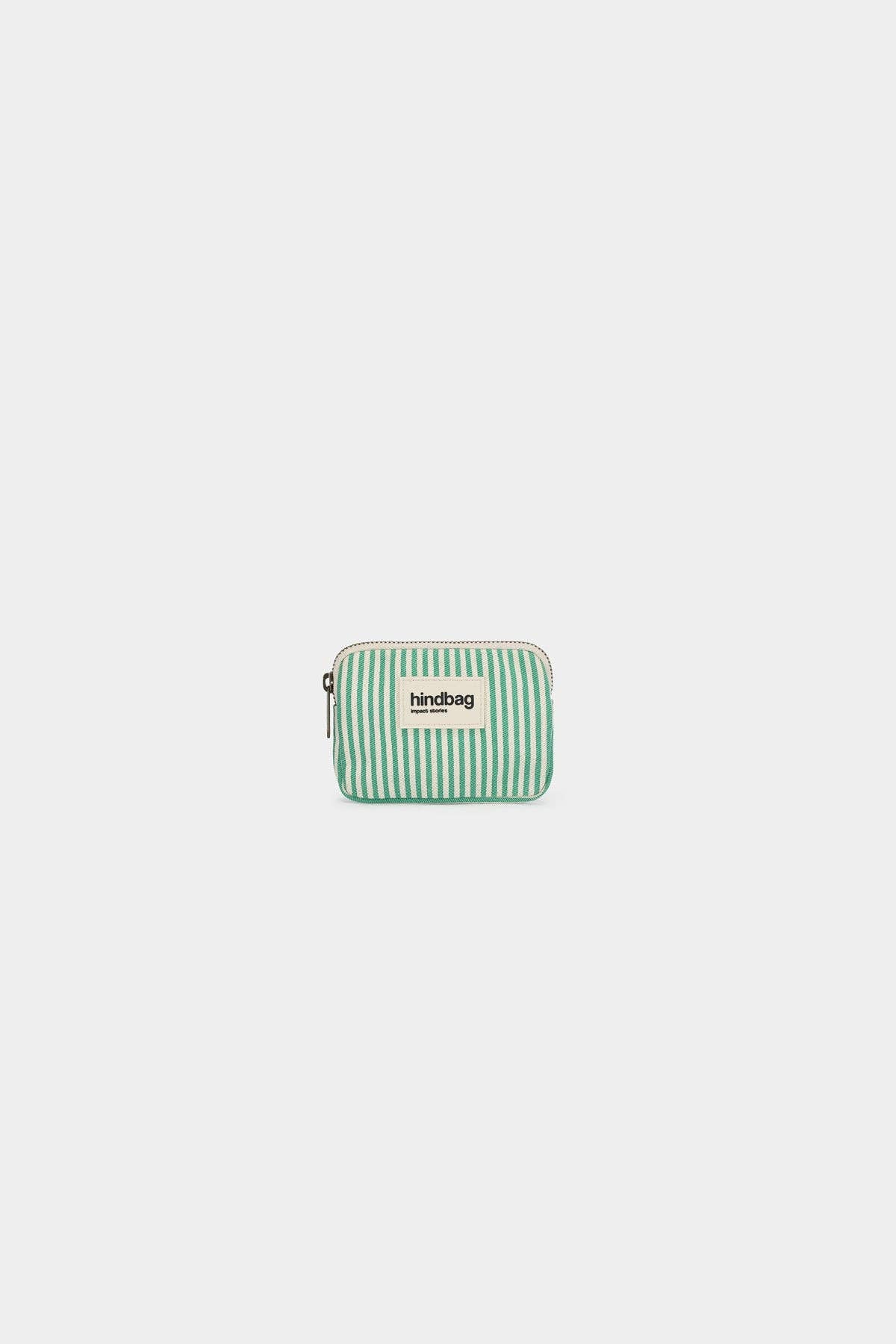 Green and white striped purse or coin pouch with 'hindbag' label on a white background