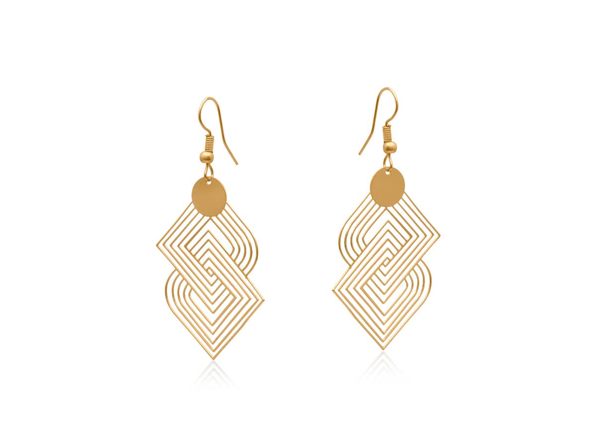 Brass geometric dangle earrings by Big Metal London on a white background