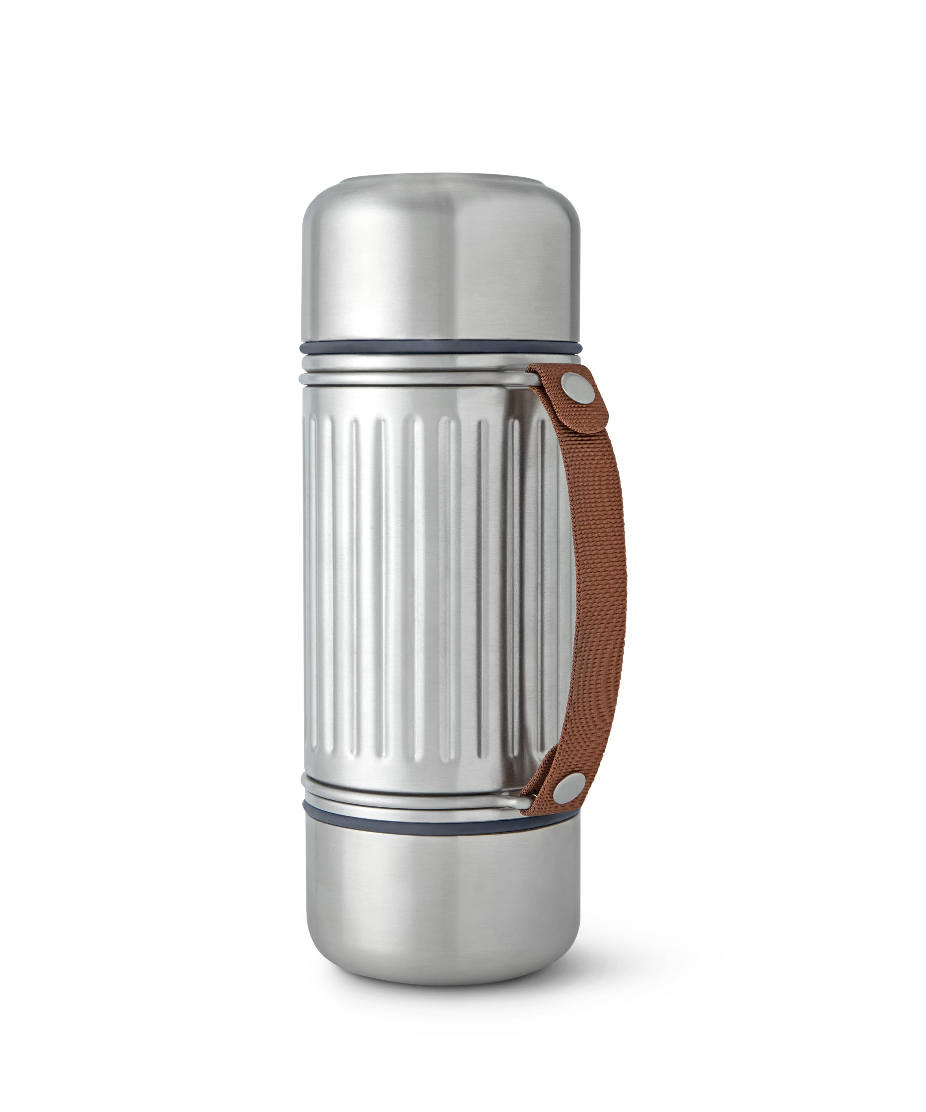 Stainless steel thermos with brown handle on a white background