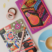 Bright Ideas A5 Notebook with bright, psychedelic illustrations on a green background