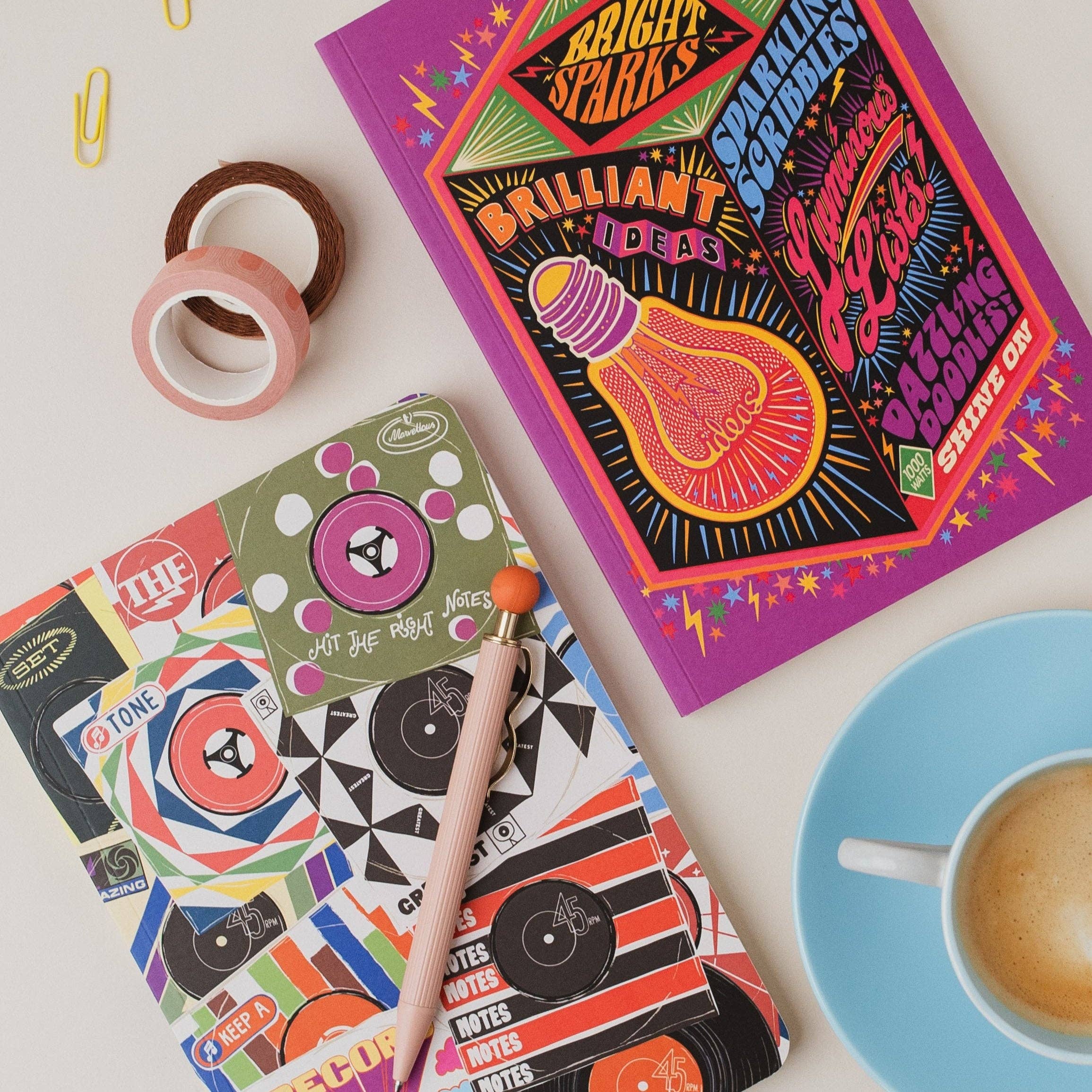 Bright Ideas A5 Notebook with bright, psychedelic illustrations on a green background