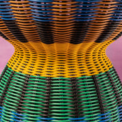 Blue and yellow woven accent table, further view