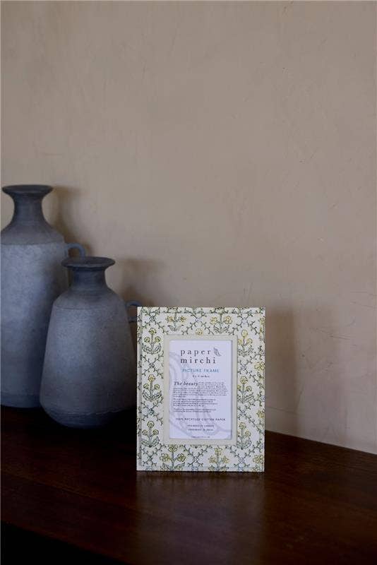 Paper Mirchi Block Printed Picture Frame | Floral Lattice Buttercream, 4x6in
