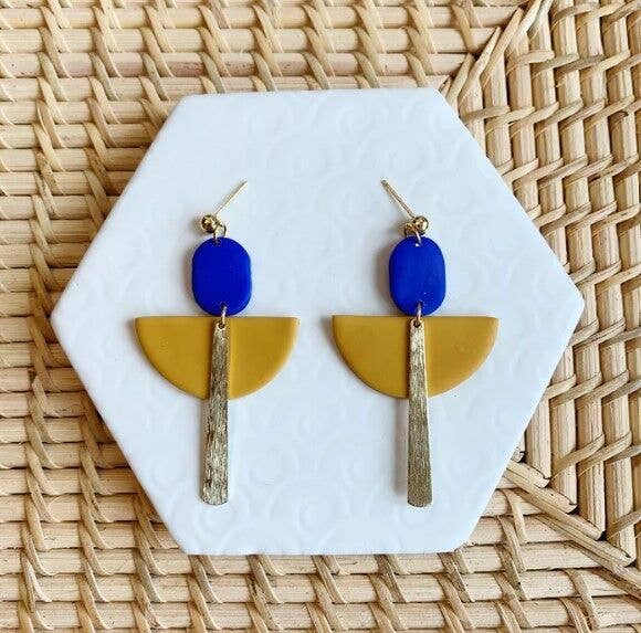 Flame Mustard and Blue Art Deco Ball Stud Earrings