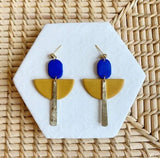 Flame Mustard and Blue Art Deco Ball Stud Earrings