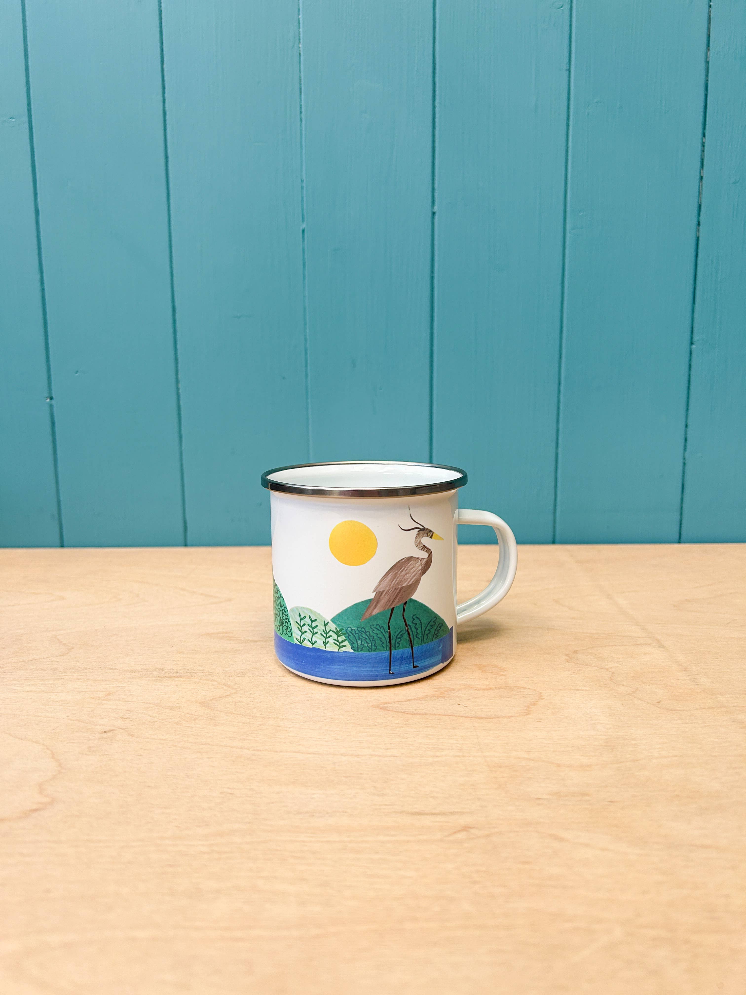 Hand-Printed Heron Enamel Camping Mug
