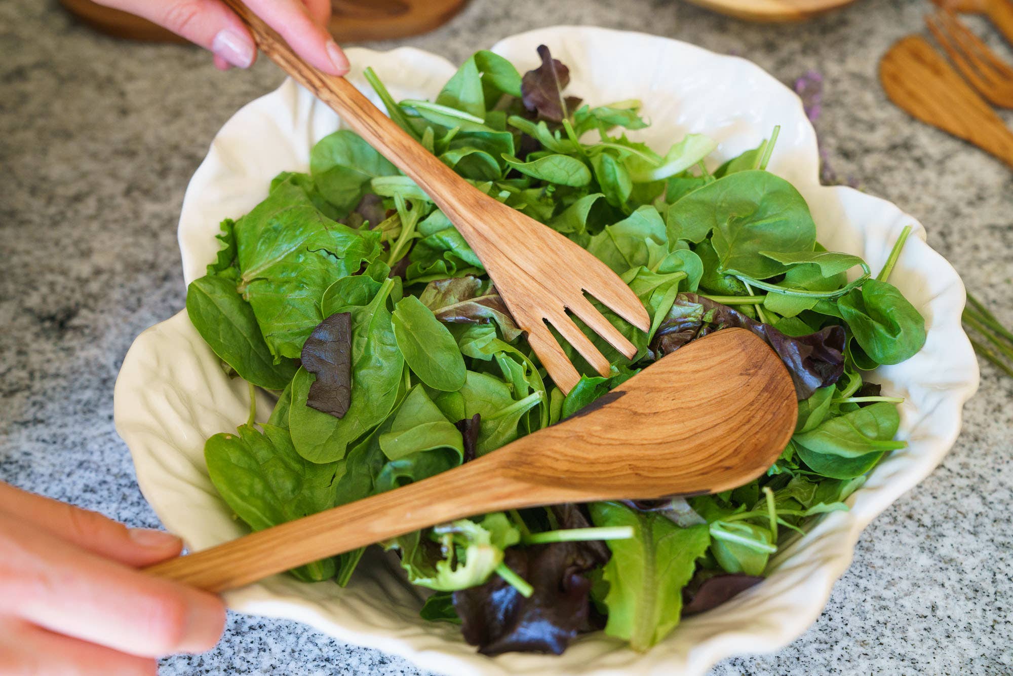 Olive wood slim salad servers by AARVEN