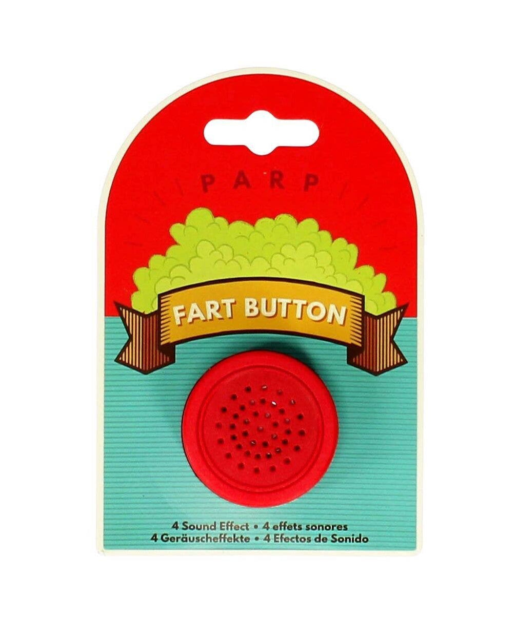 Red 'fart button' with packaging featuring a red and blue design and 'PARP' branding.