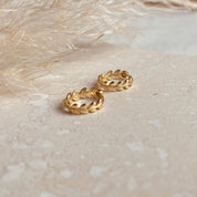 Gold Laurel Huggie Hoops by Little Nell, further view