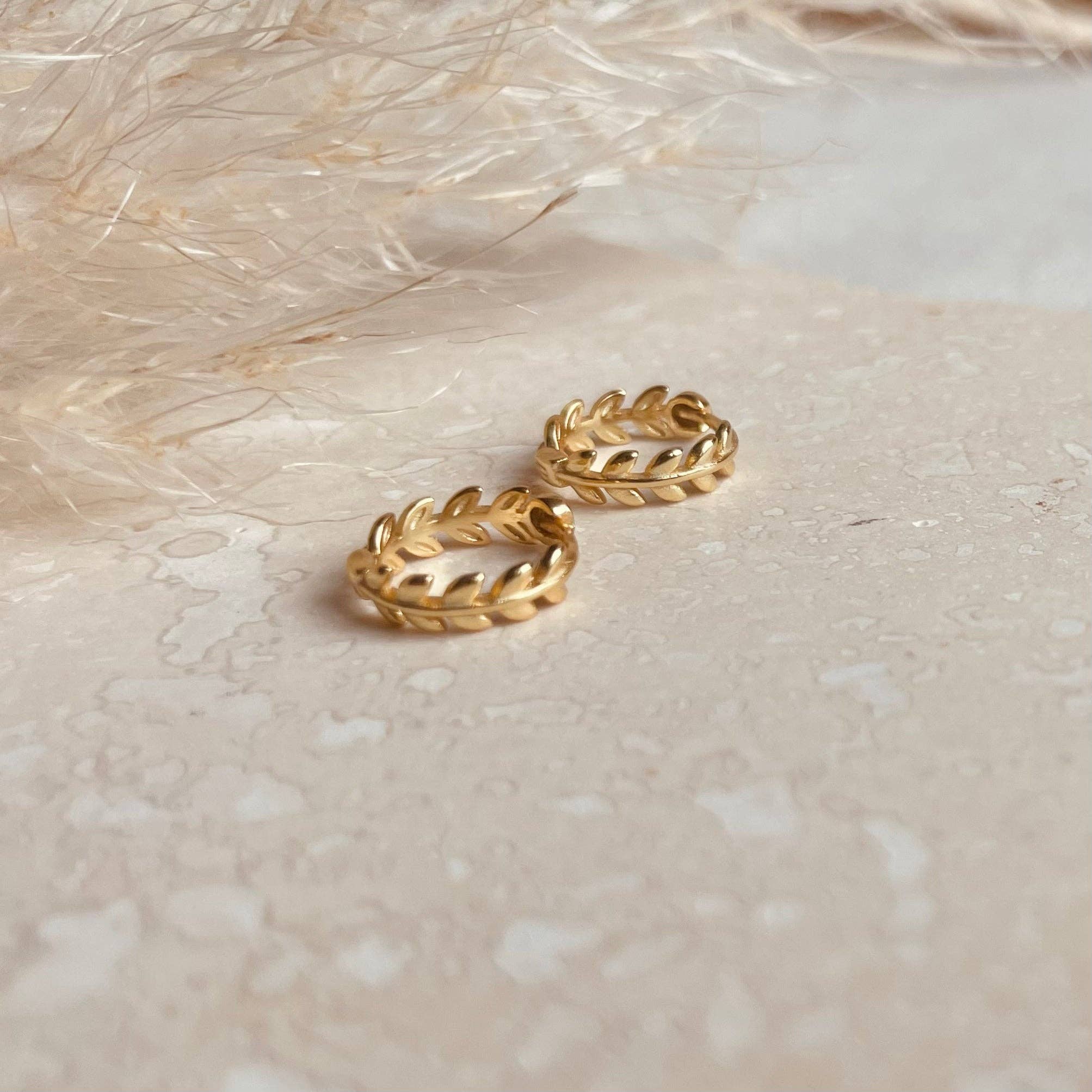 Gold Laurel Huggie Hoops by Little Nell, further view