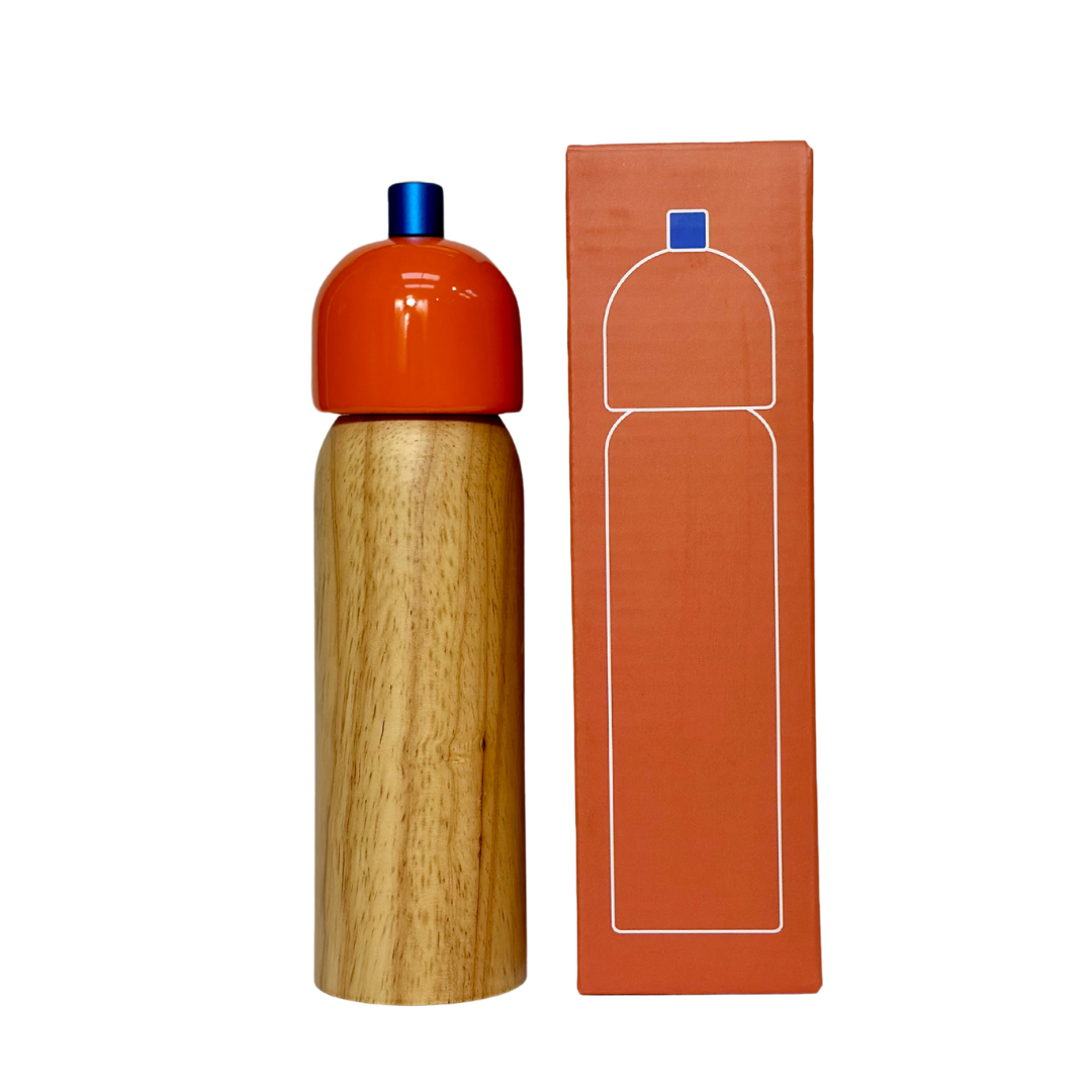 Orange and blue salt and pepper grinder, further view