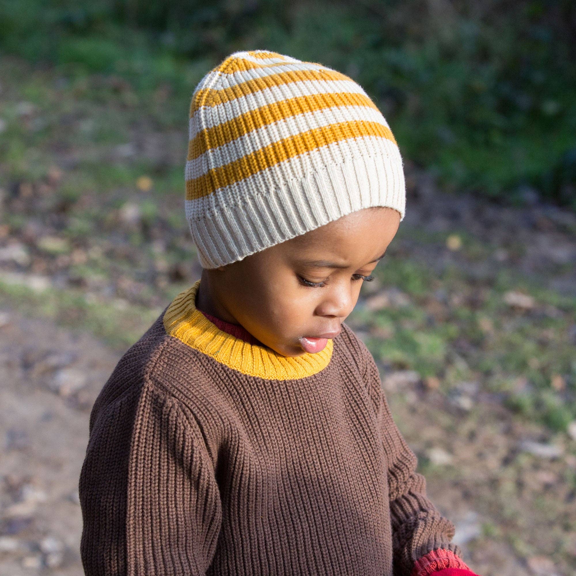 Gold Striped Knitted Beanie Hat