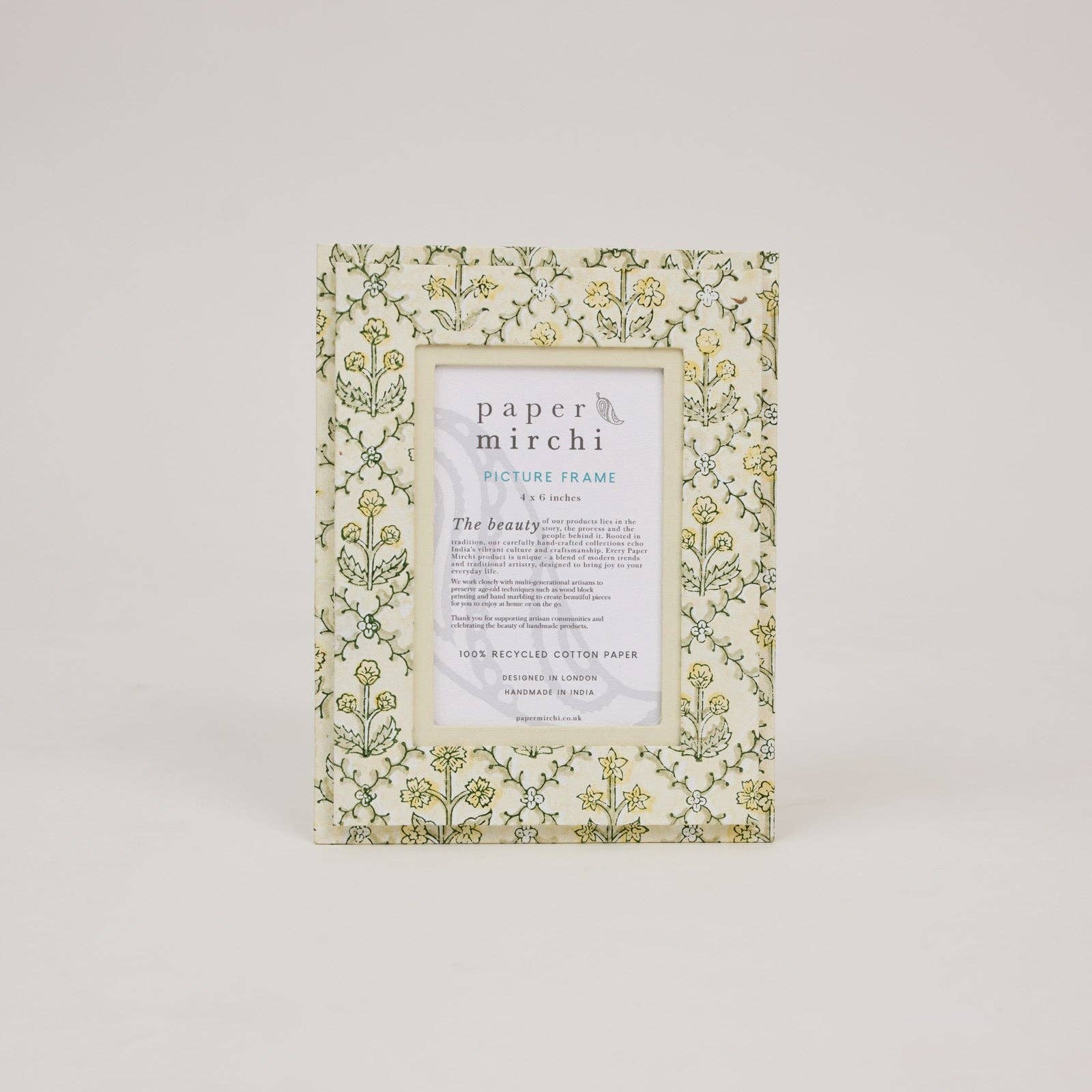 Paper Mirchi Block Printed Picture Frame | Floral Lattice Buttercream, 4x6in