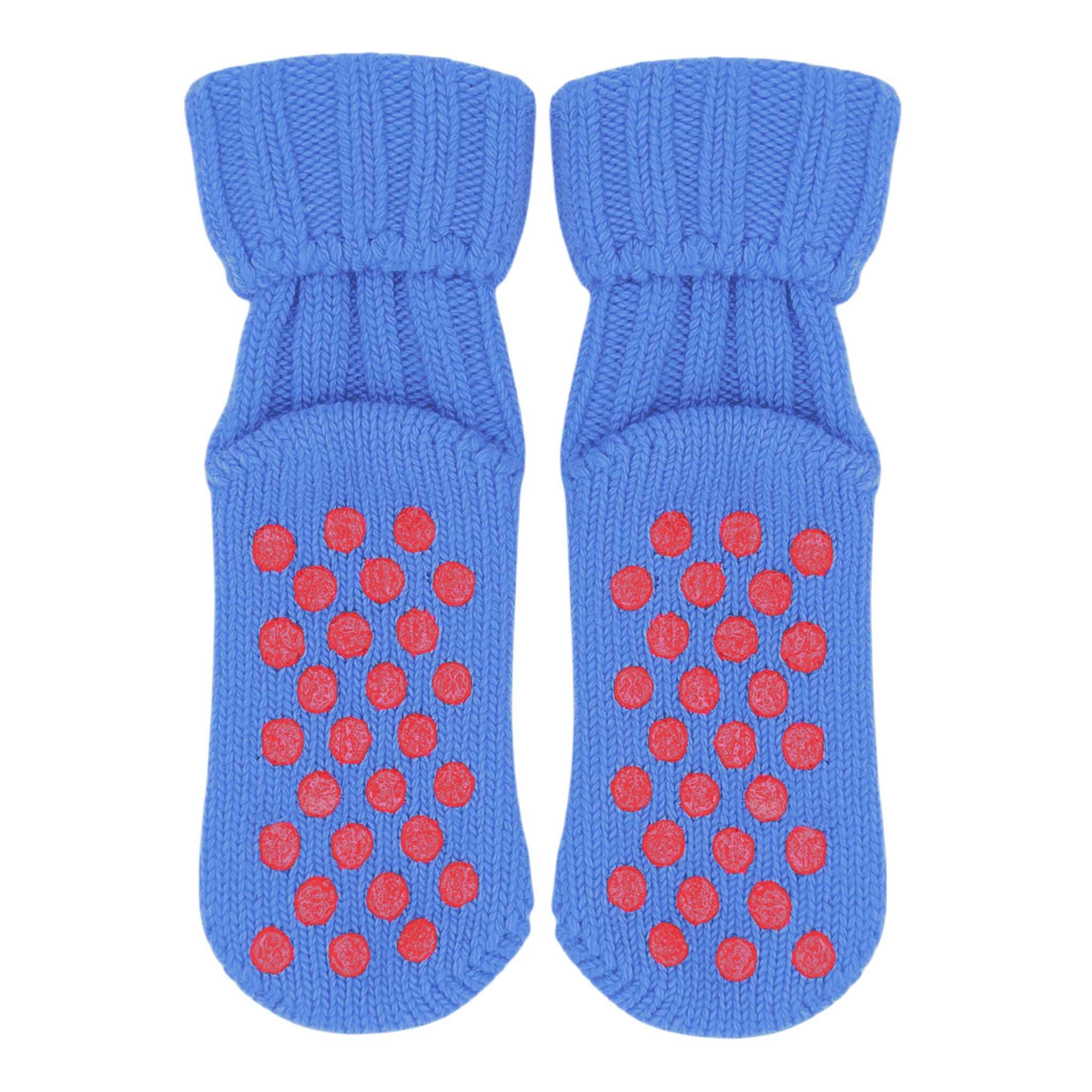 Cashmere Blend Kids Socks | Blue with Red Non-Slip Dots