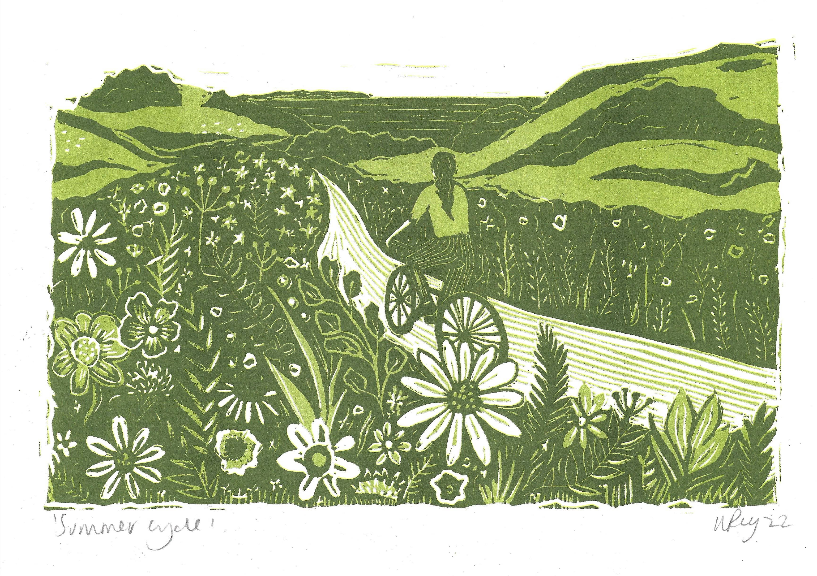 Summer Cycle A4 riso print shown mount backed and wrapped