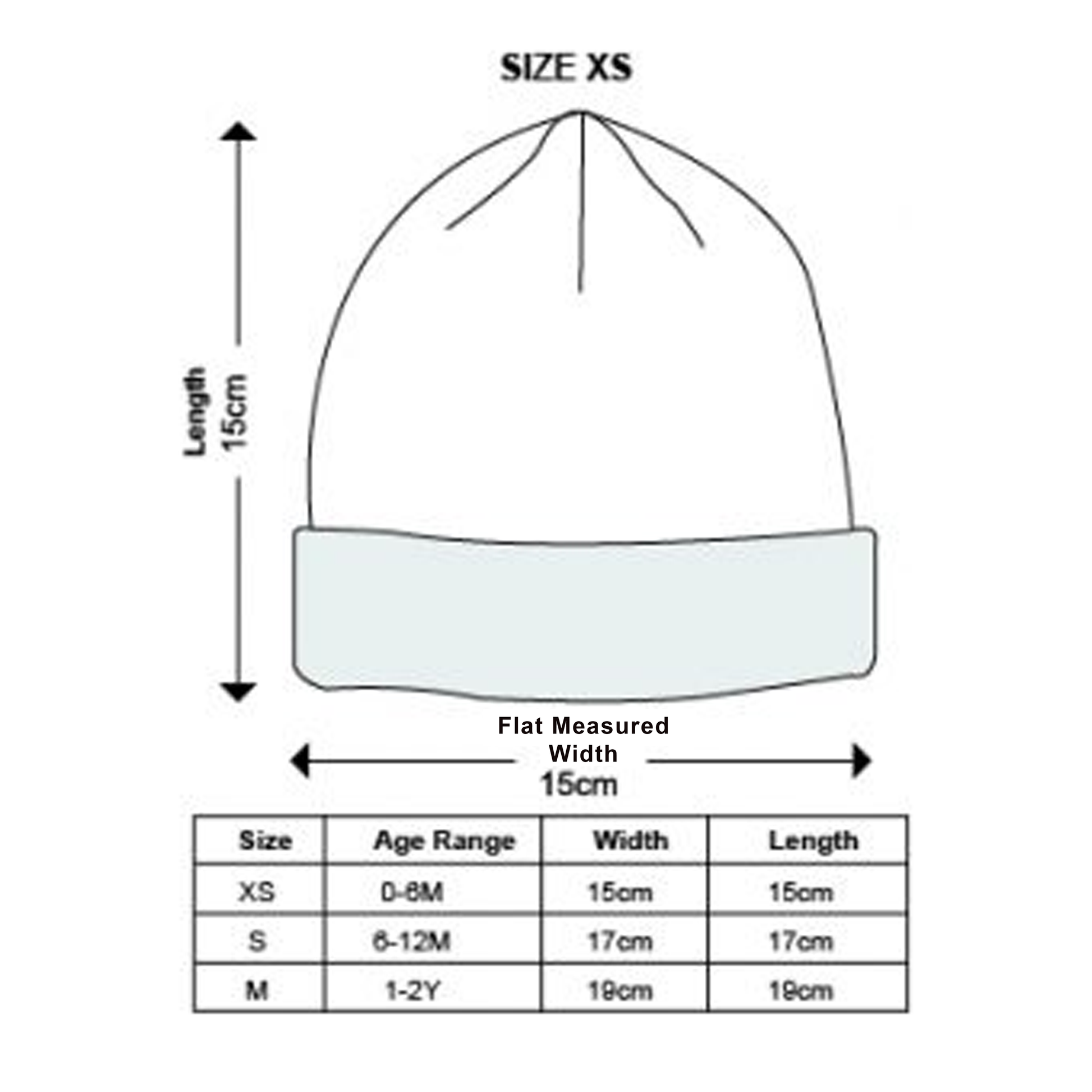 Size guide for Thick, chunky woollen baby winter hat, by Pebble Child, made from 100% New Zealand merino wool