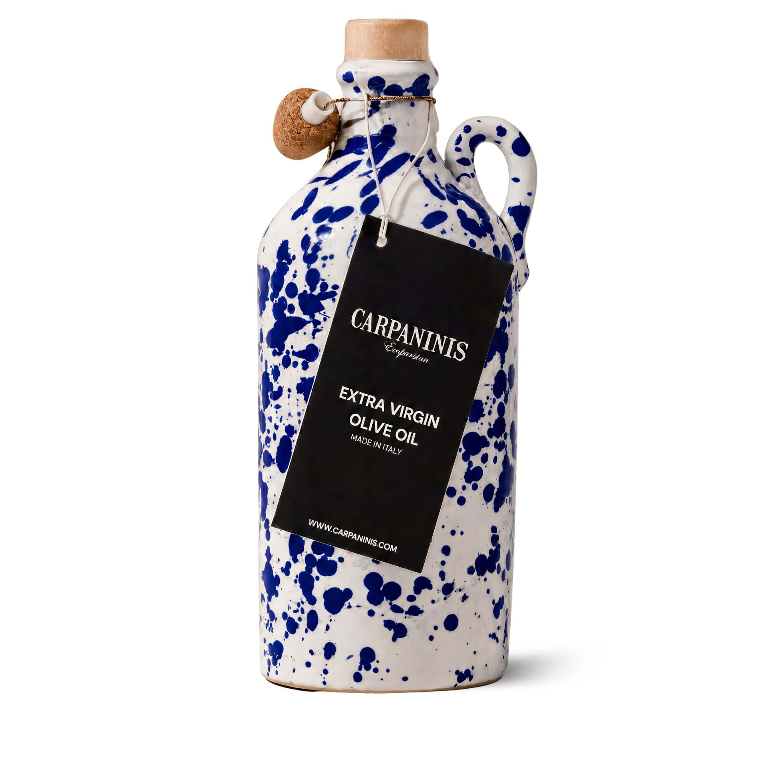 Carpaninis handcrafted extra virgin olive oil jar in blue splatter design