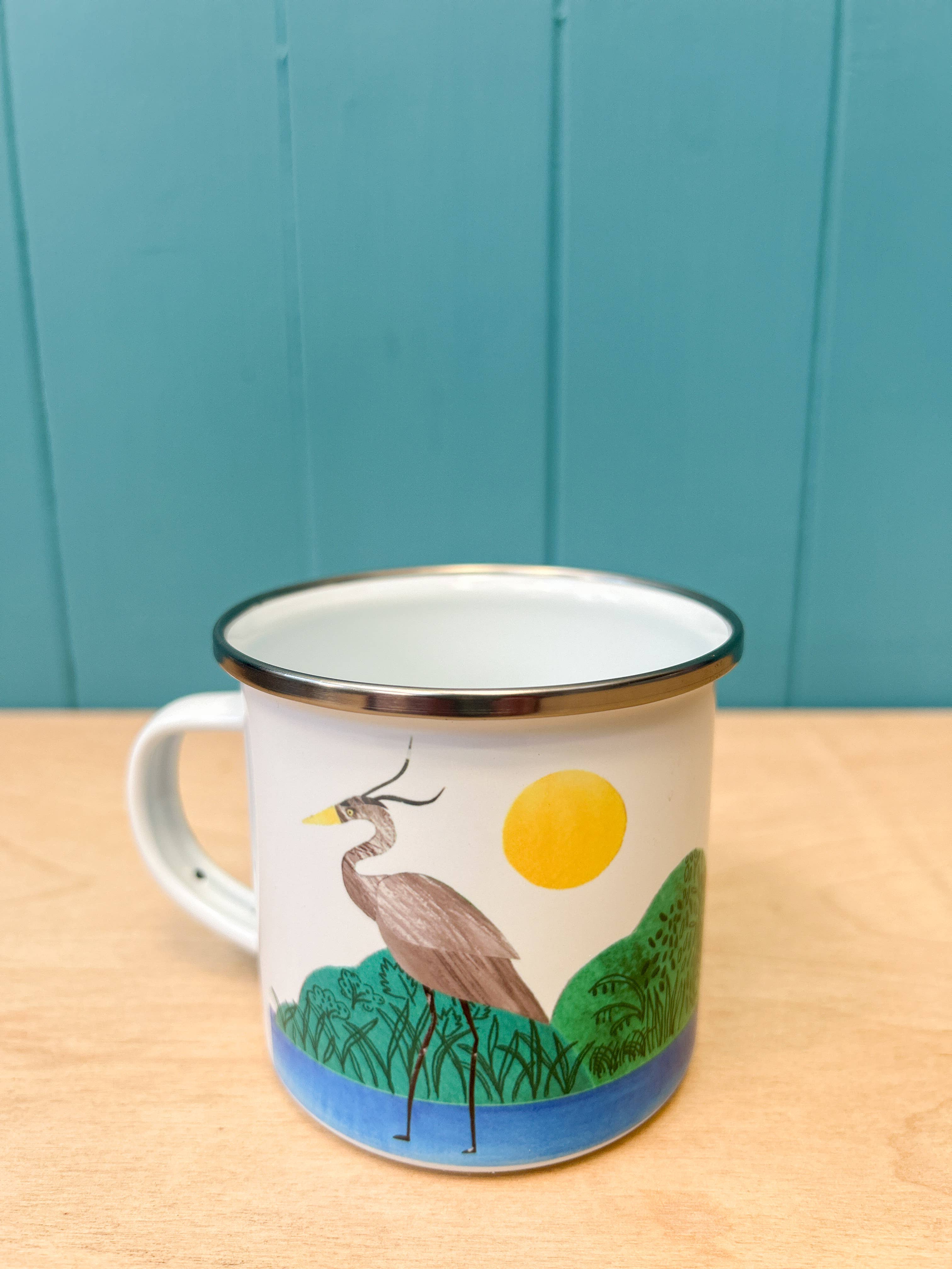 Hand-Printed Heron Enamel Camping Mug
