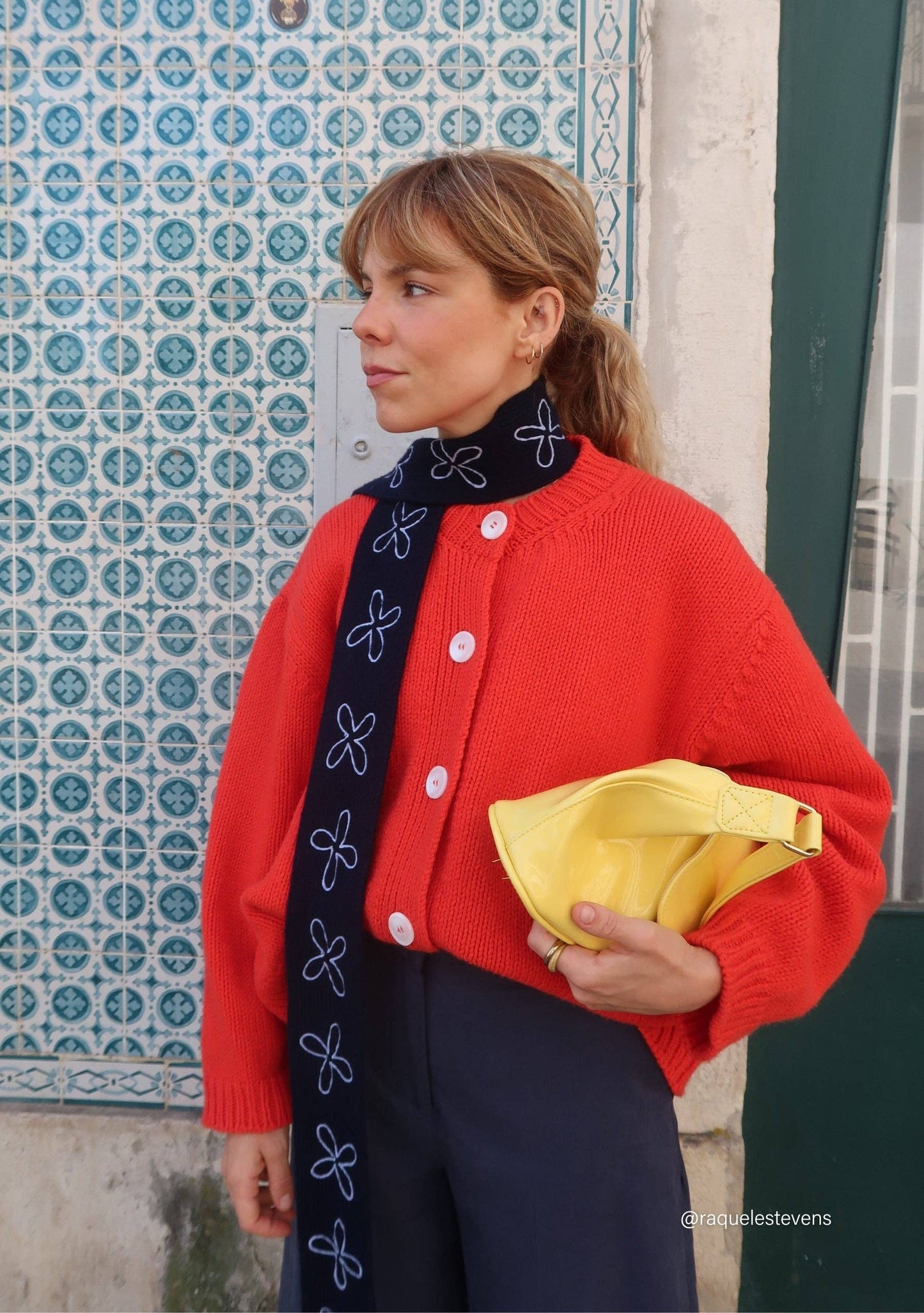 Merino Wool Skinny Scarf | Navy Flora