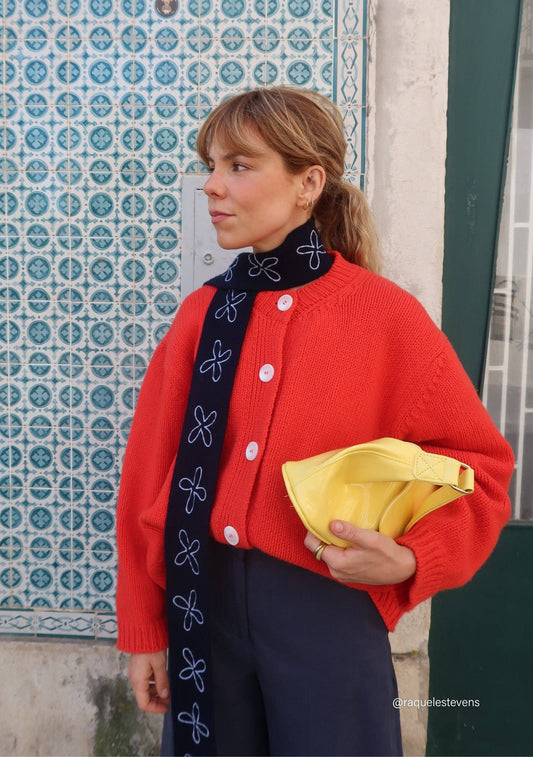 Merino Wool Skinny Scarf | Navy Flora
