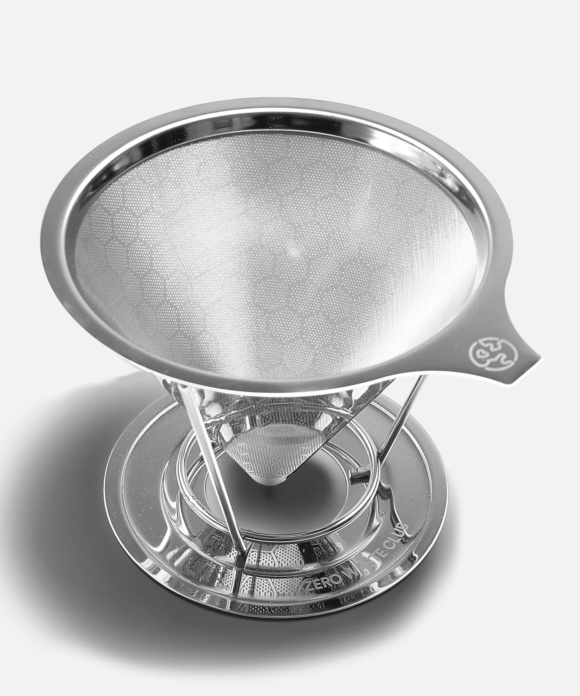 Stainless steel coffee infuser on a light gray background