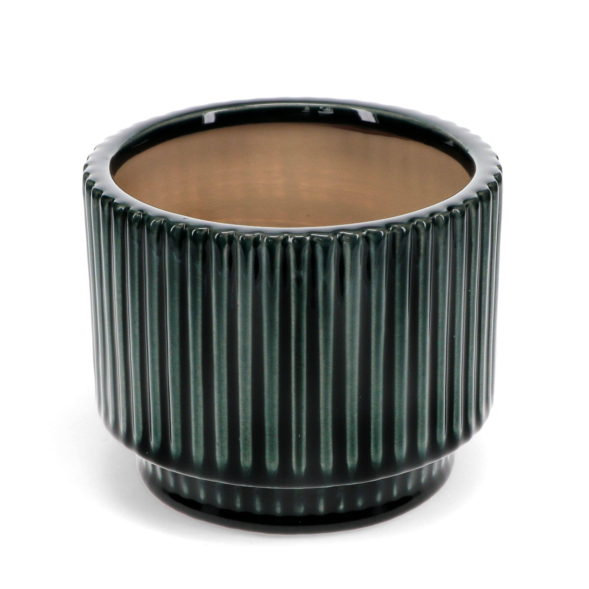 Green ribbed planter on a white background
