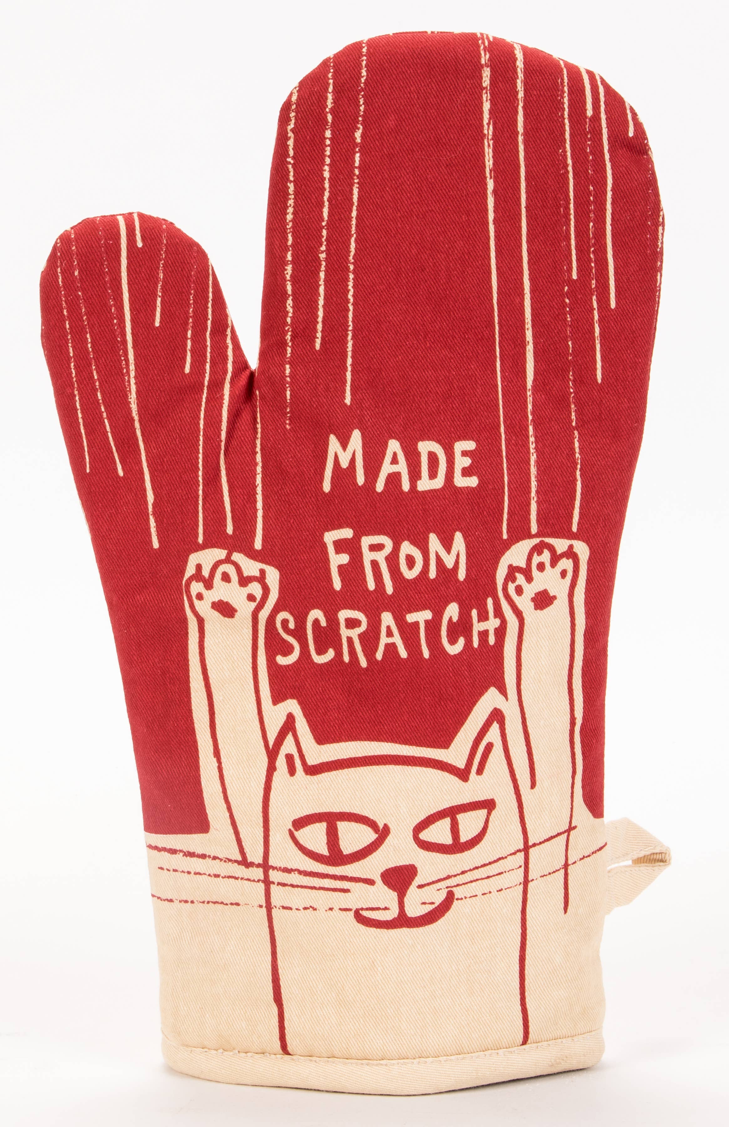 Red oven mitt with a cat design and text 'Made from Scratch' on a white background