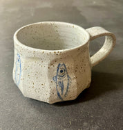 Handmade Ceramic Mug | White Speckled with Blue Fish Print