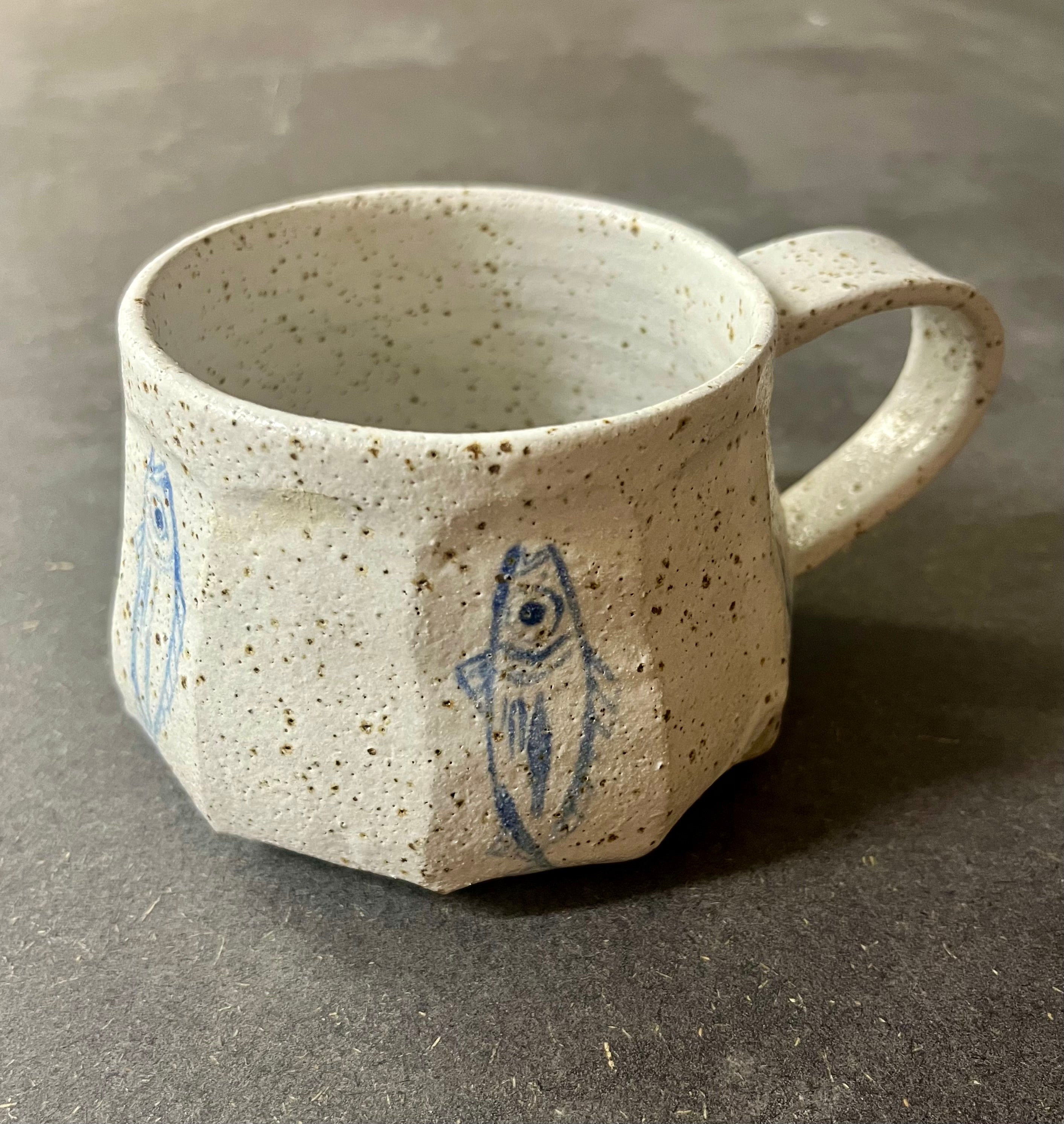 Handmade Ceramic Mug | White Speckled with Blue Fish Print