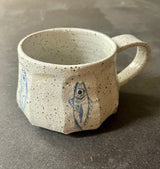 Handmade Ceramic Mug | White Speckled with Blue Fish Print