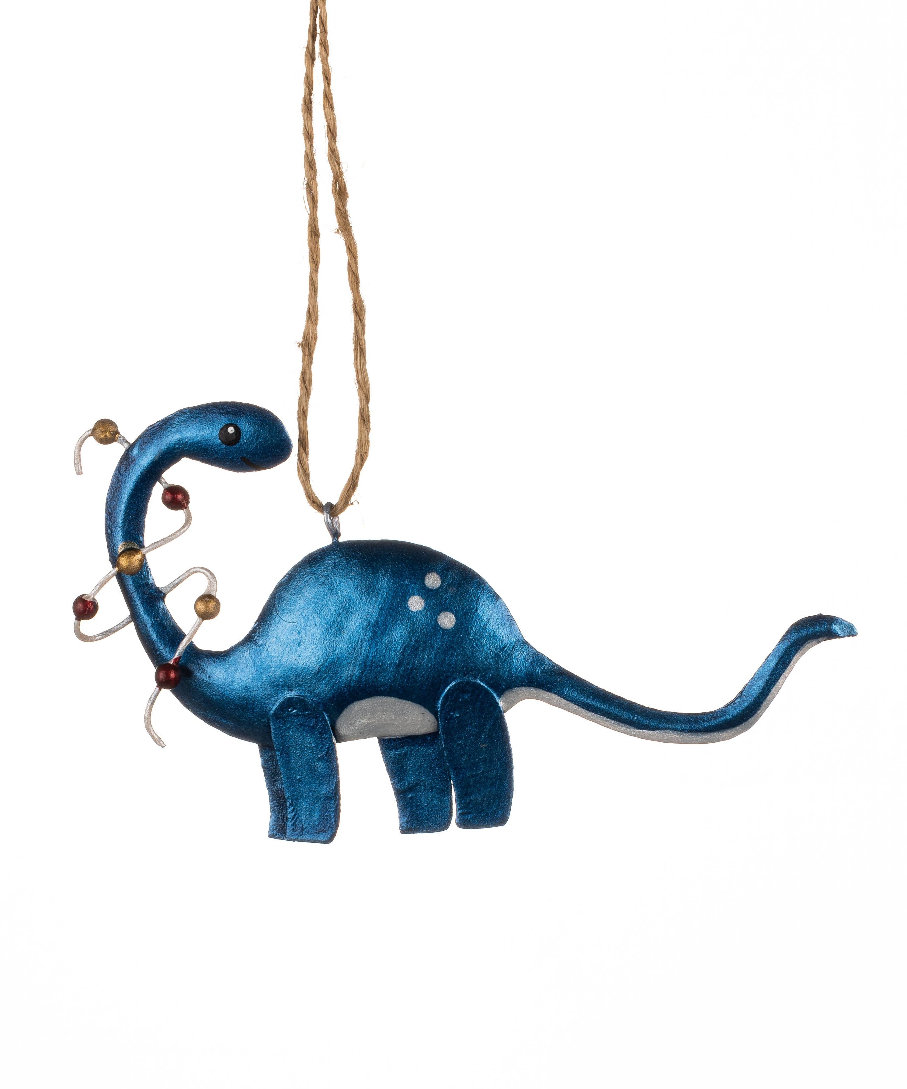 Blue dinosaur ornament hanging on a white background