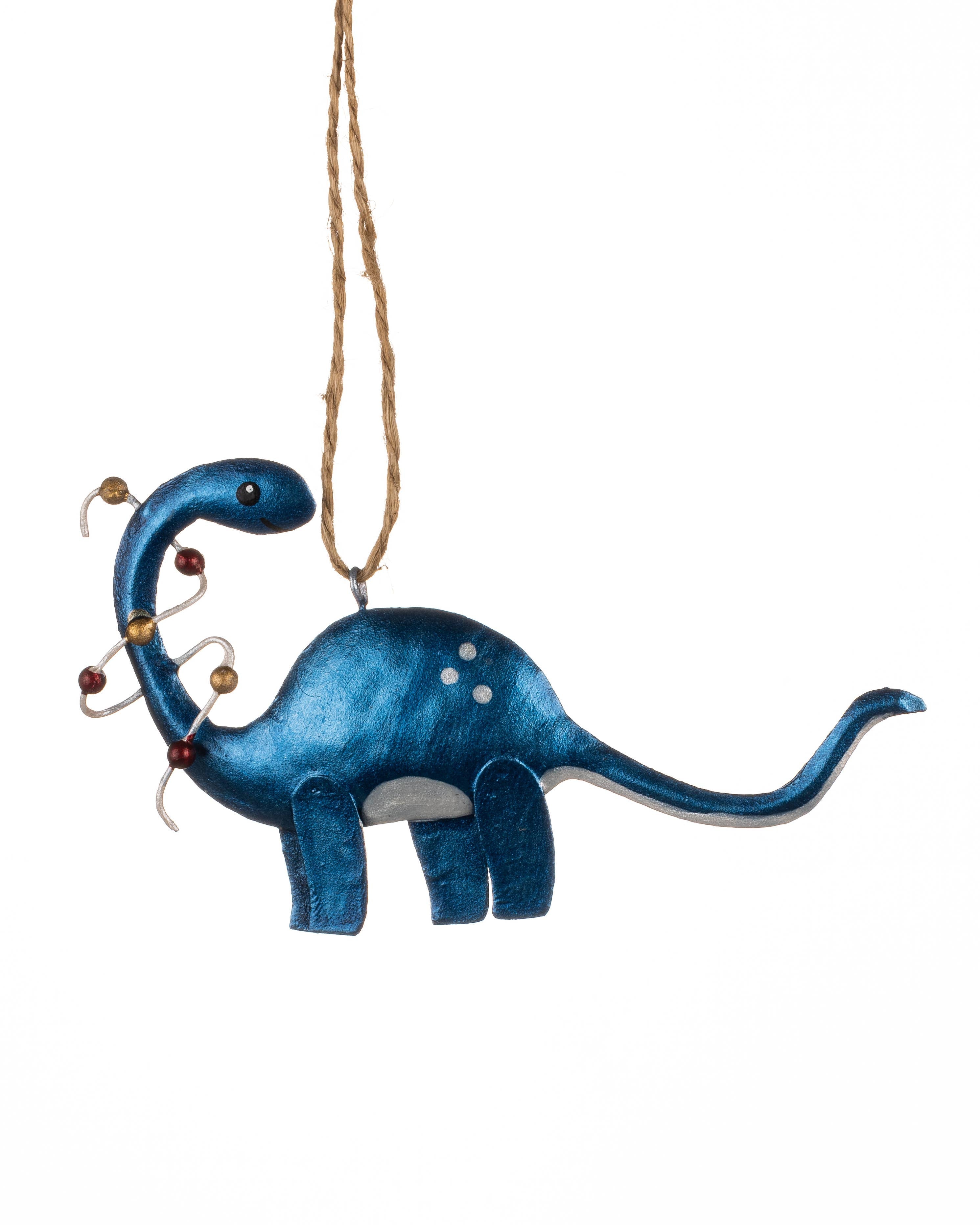 Blue dinosaur ornament hanging on a white background