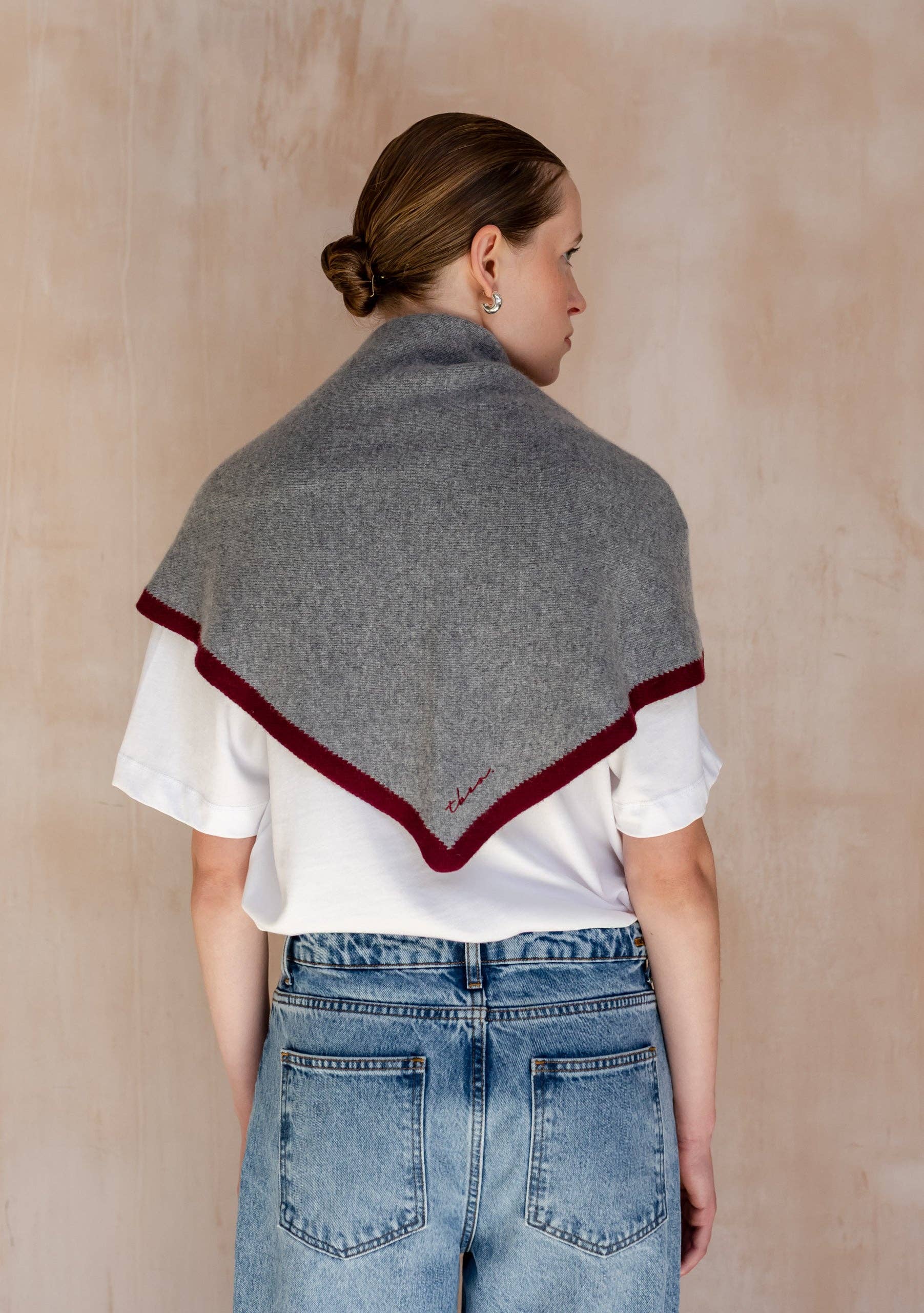 Large Merino Wool Triangle Scarf | Charcoal & Burgundy