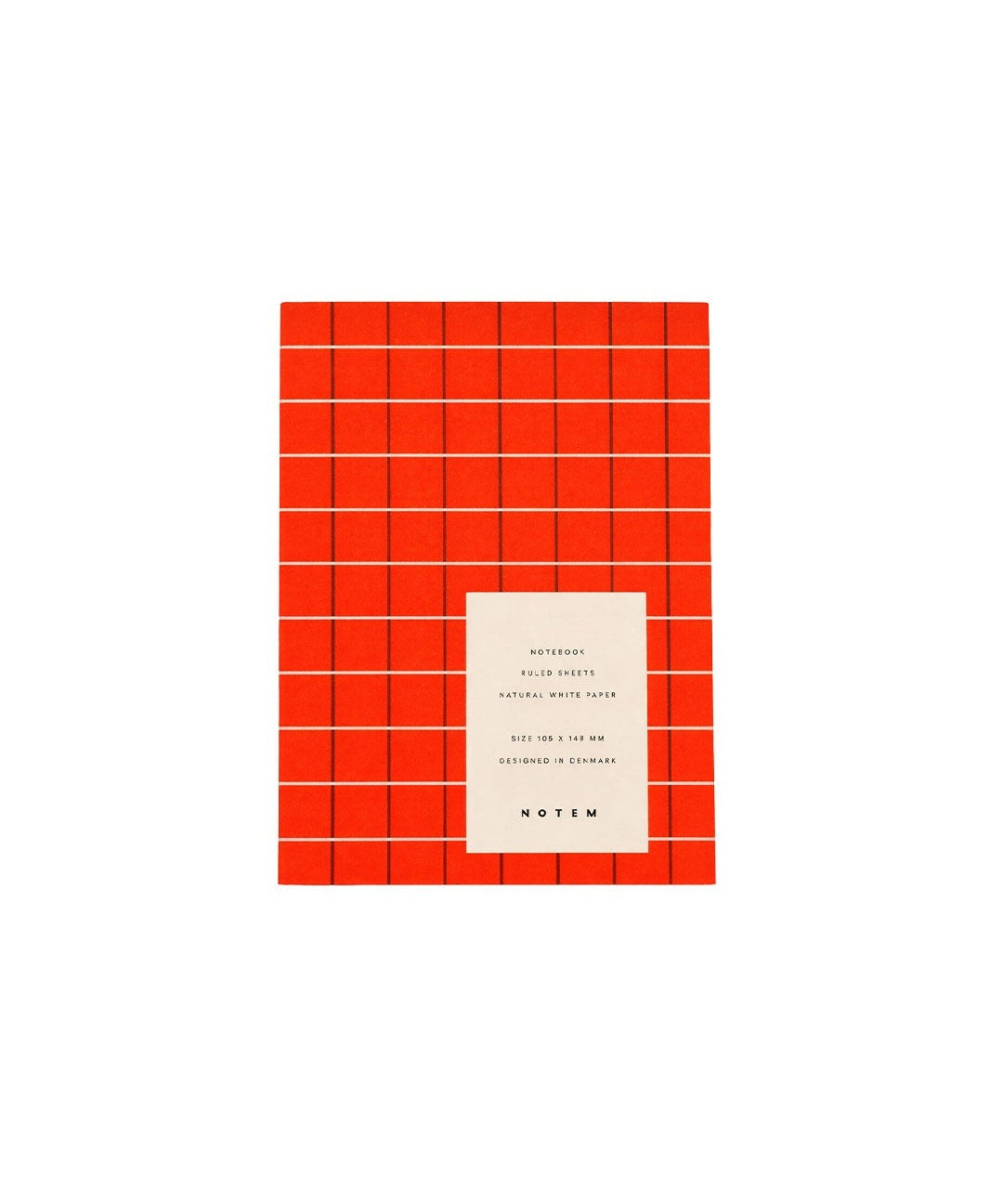 A rectangular red-orange notebook with a white label in the center reading 'notem' and smaller text above, shown on a plain white background.