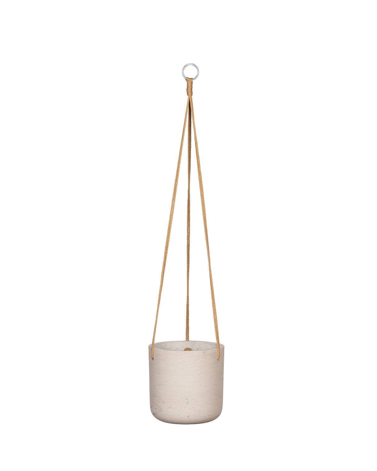 Beige hanging planter with a natural rope on a white background