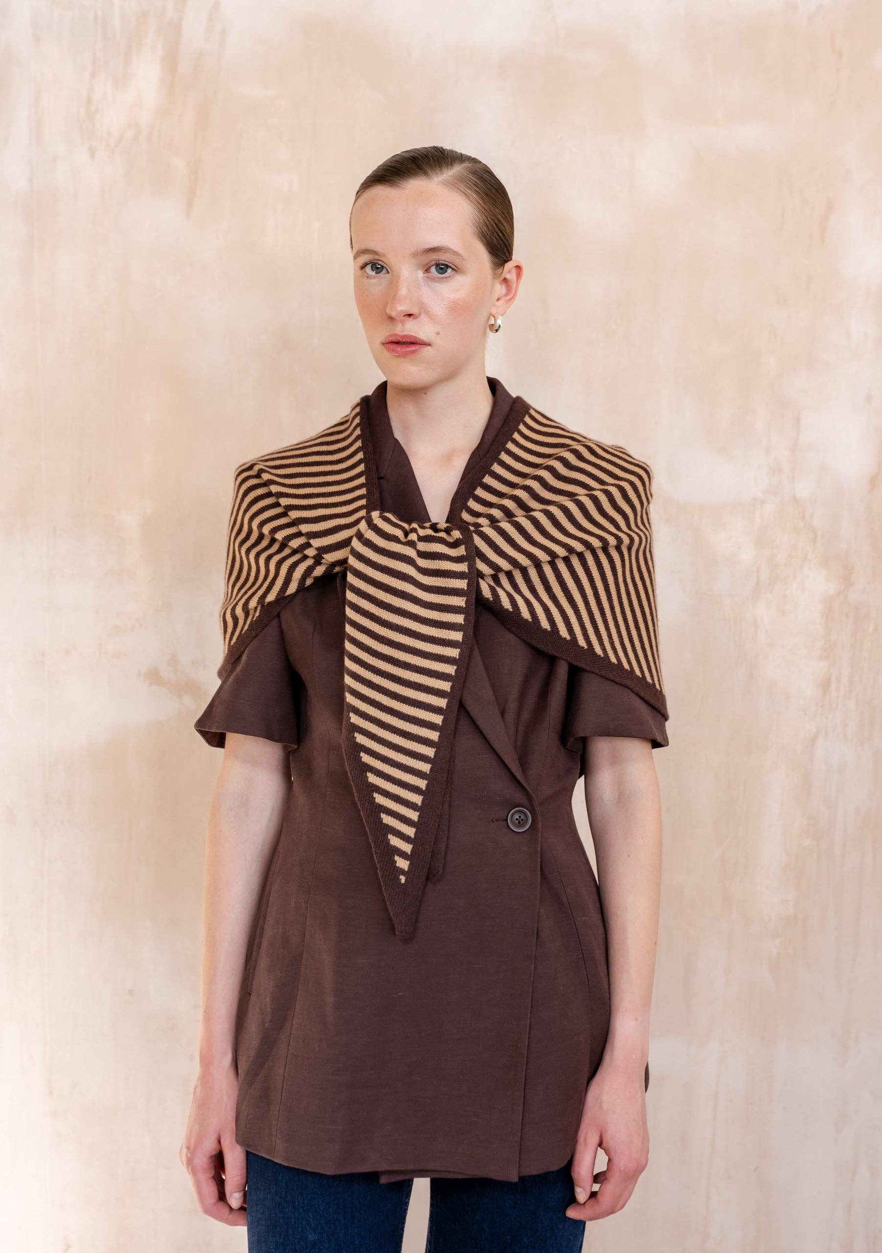 Large Merino Wool Triangle Scarf | Camel & Brown Stripe